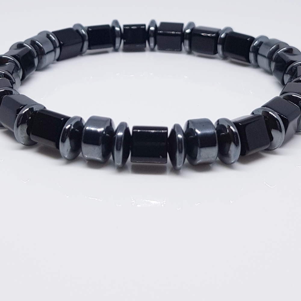 Jet Black Glass Cubed Beads/ Hematite Bracelet